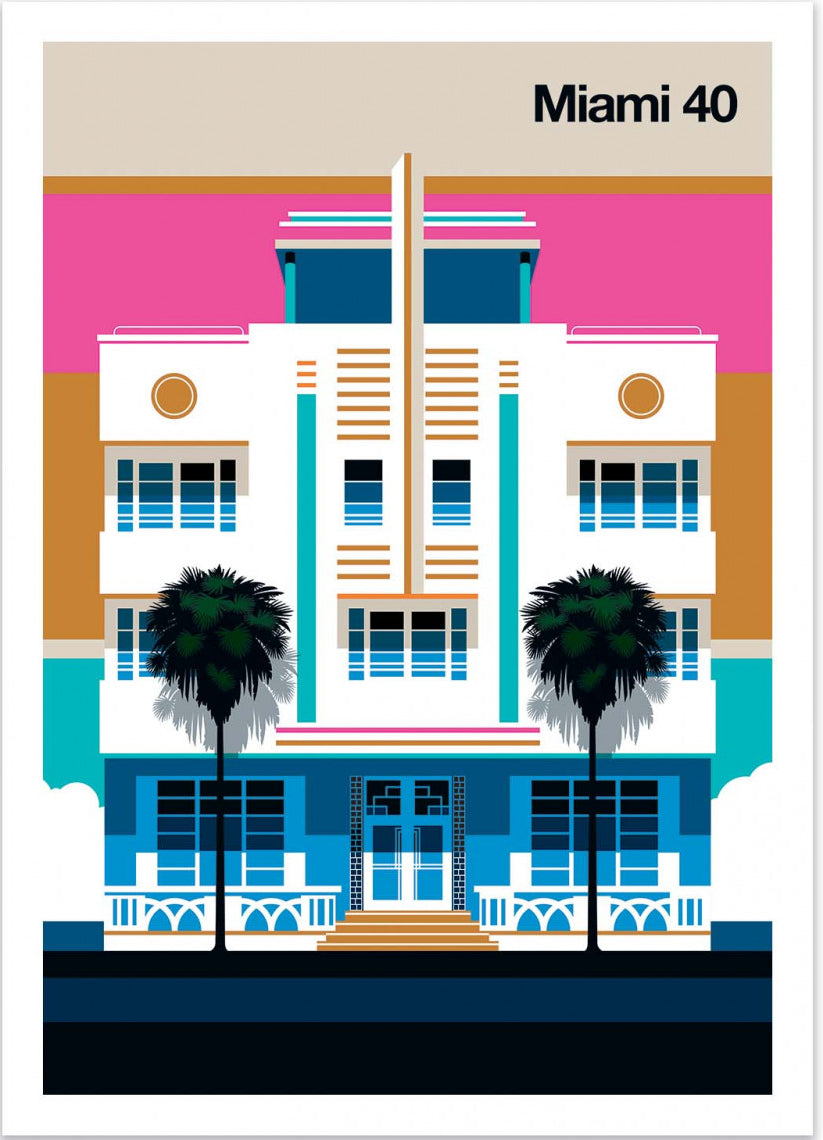 Miami 40 by Bo Lundberg – 30x40 cm retro art print inspired by Miami’s Art Deco architecture. Bold vector illustration in pink, blue, and gold tones with palm trees, capturing vintage glamour and modern minimalism.