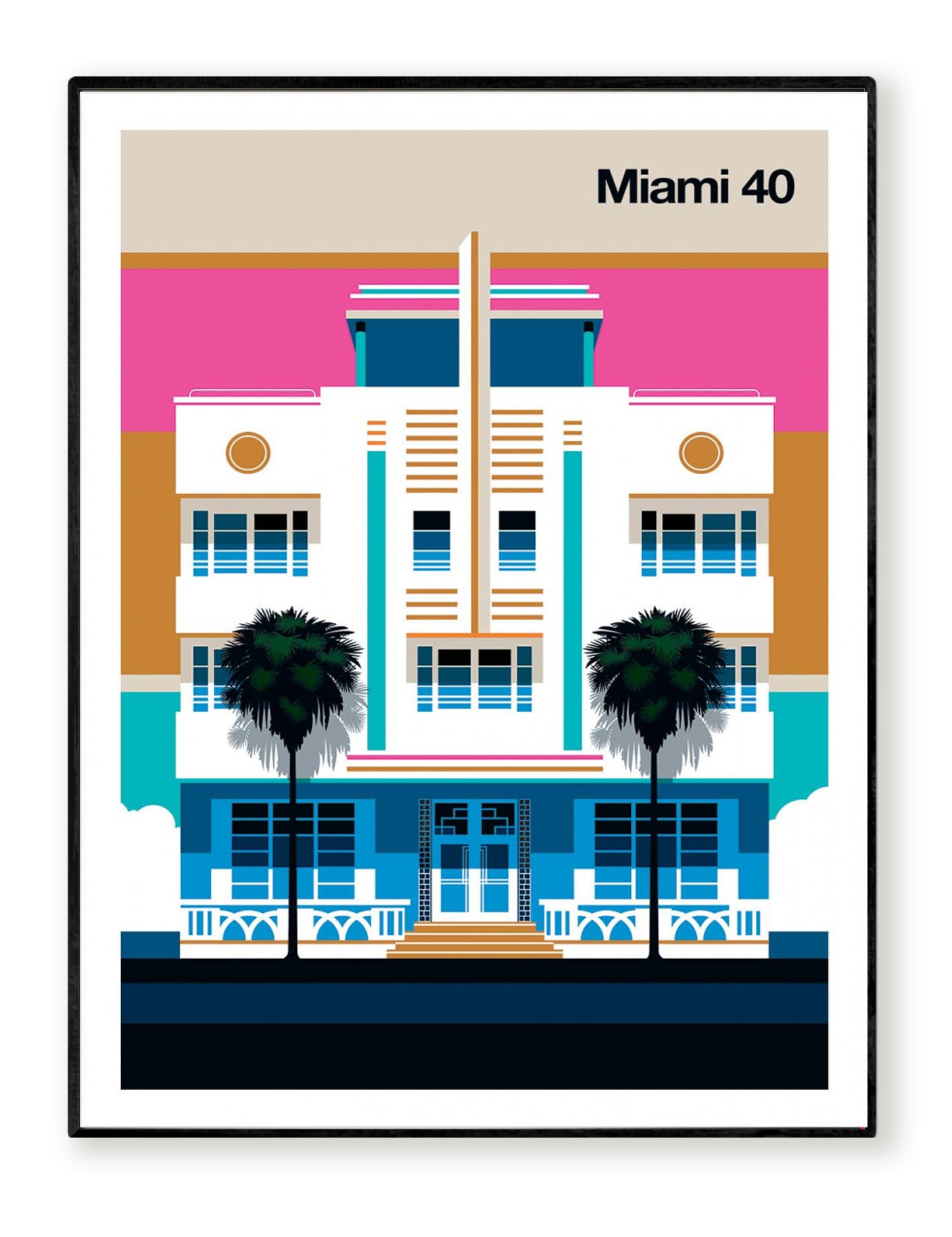 Miami 40 by Bo Lundberg – 30x40 cm retro art print inspired by Miami’s Art Deco architecture. Bold vector illustration in pink, blue, and gold tones with palm trees, capturing vintage glamour and modern minimalism.