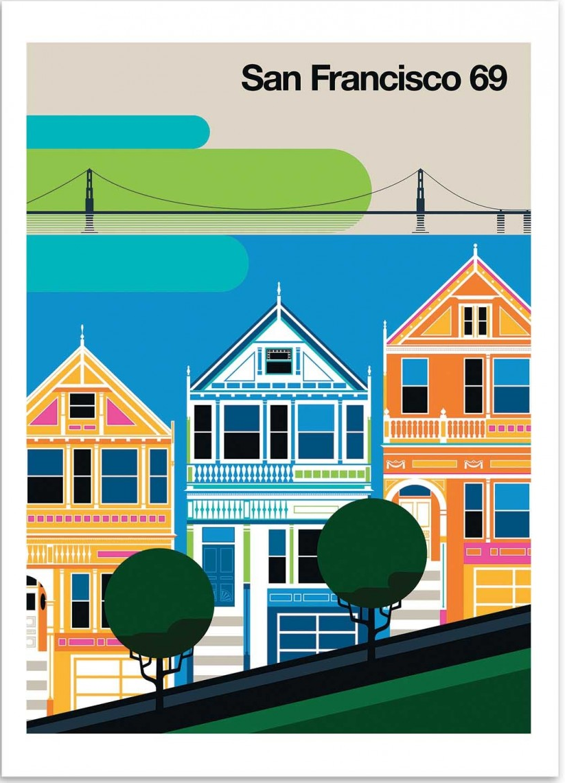 San Francisco 69 by Bo Lundberg – 30x40 cm retro city art print featuring the Painted Ladies houses and Golden Gate Bridge. Colorful 1960s-inspired minimal vector illustration, vintage travel poster style, perfect for modern home decor and design lovers.