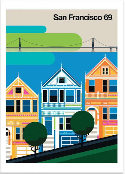 San Francisco 69 by Bo Lundberg – 30x40 cm retro city art print featuring the Painted Ladies houses and Golden Gate Bridge. Colorful 1960s-inspired minimal vector illustration, vintage travel poster style, perfect for modern home decor and design lovers.