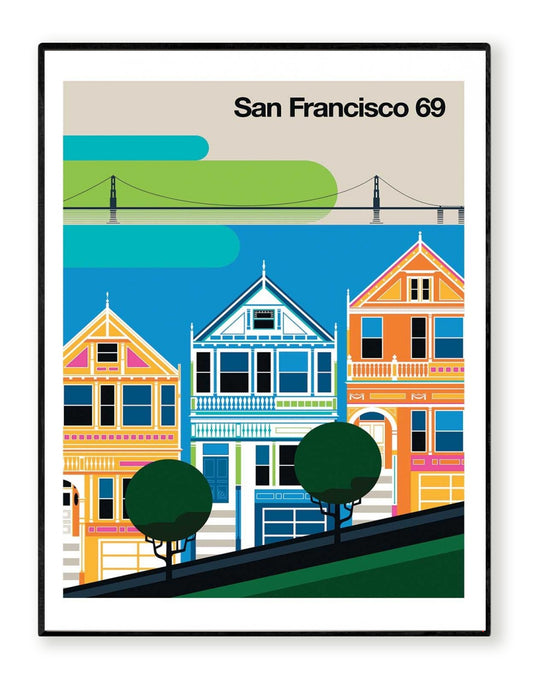 San Francisco 69 by Bo Lundberg – 30x40 cm retro city art print featuring the Painted Ladies houses and Golden Gate Bridge. Colorful 1960s-inspired minimal vector illustration, vintage travel poster style, perfect for modern home decor and design lovers.