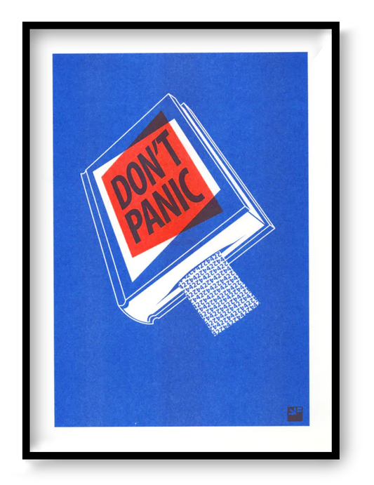 Risograph art print titled Book by VrijFormaat, featuring a blue book cover with bold red and black lettering reading “DON’T PANIC”, inspired by The Hitchhiker’s Guide to the Galaxy. Minimalist design printed in red and blue vegetable-based inks on Biotop paper, A4 size.