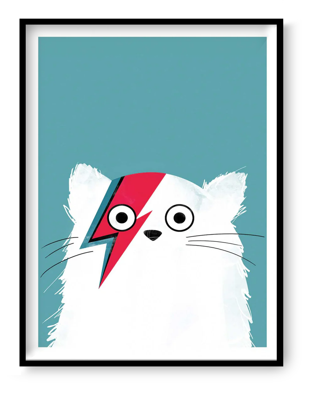 Cat Bowie White by Doozal – 30x40 cm art print of a white cat with David Bowie’s iconic red lightning bolt face paint on a teal background. Fun pop-culture wall art for kids’ bedrooms or modern interiors. Printed in France/EU on FSC-certified eco-friendly paper, unframed poster.