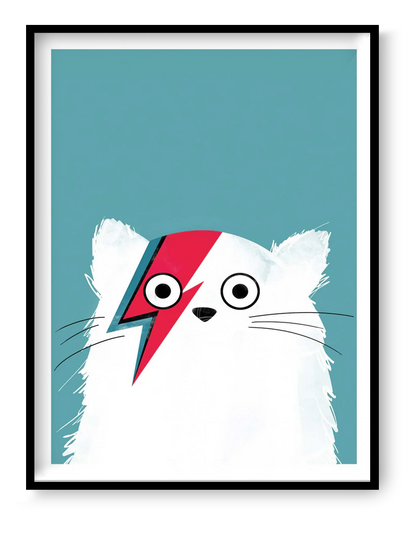 Cat Bowie White by Doozal – 30x40 cm art print of a white cat with David Bowie’s iconic red lightning bolt face paint on a teal background. Fun pop-culture wall art for kids’ bedrooms or modern interiors. Printed in France/EU on FSC-certified eco-friendly paper, unframed poster.