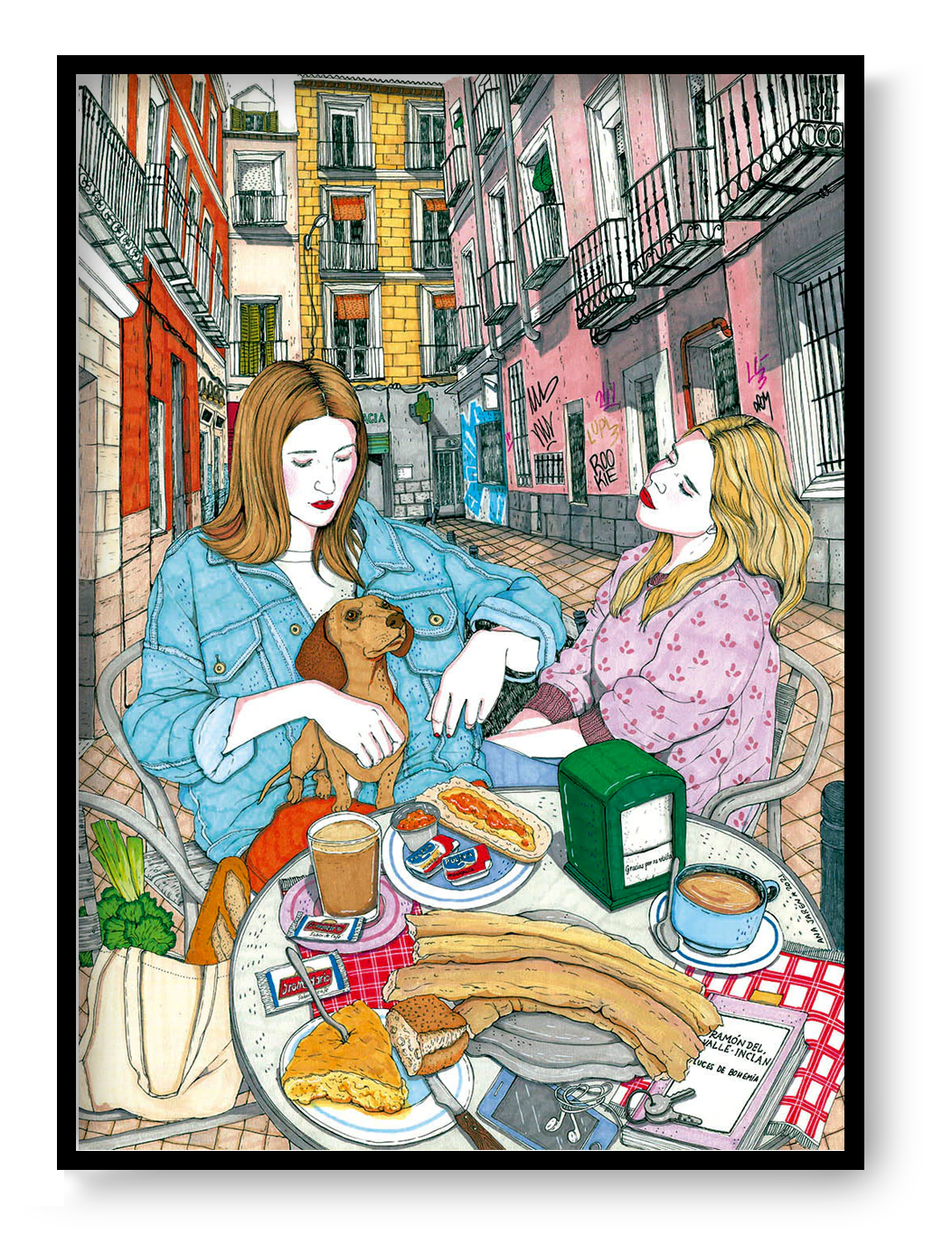 Colourful art print by Spanish illustrator Ana Jarén showing two women enjoying a typical Madrid breakfast with churros, coffee and pastries in the lively Malasaña neighbourhood – 29.7 x 42 cm, perfect wall art to bring Spanish charm to your home.