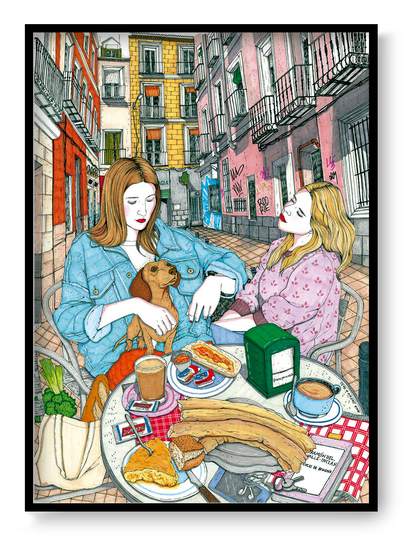 Colourful art print by Spanish illustrator Ana Jarén showing two women enjoying a typical Madrid breakfast with churros, coffee and pastries in the lively Malasaña neighbourhood – 29.7 x 42 cm, perfect wall art to bring Spanish charm to your home.