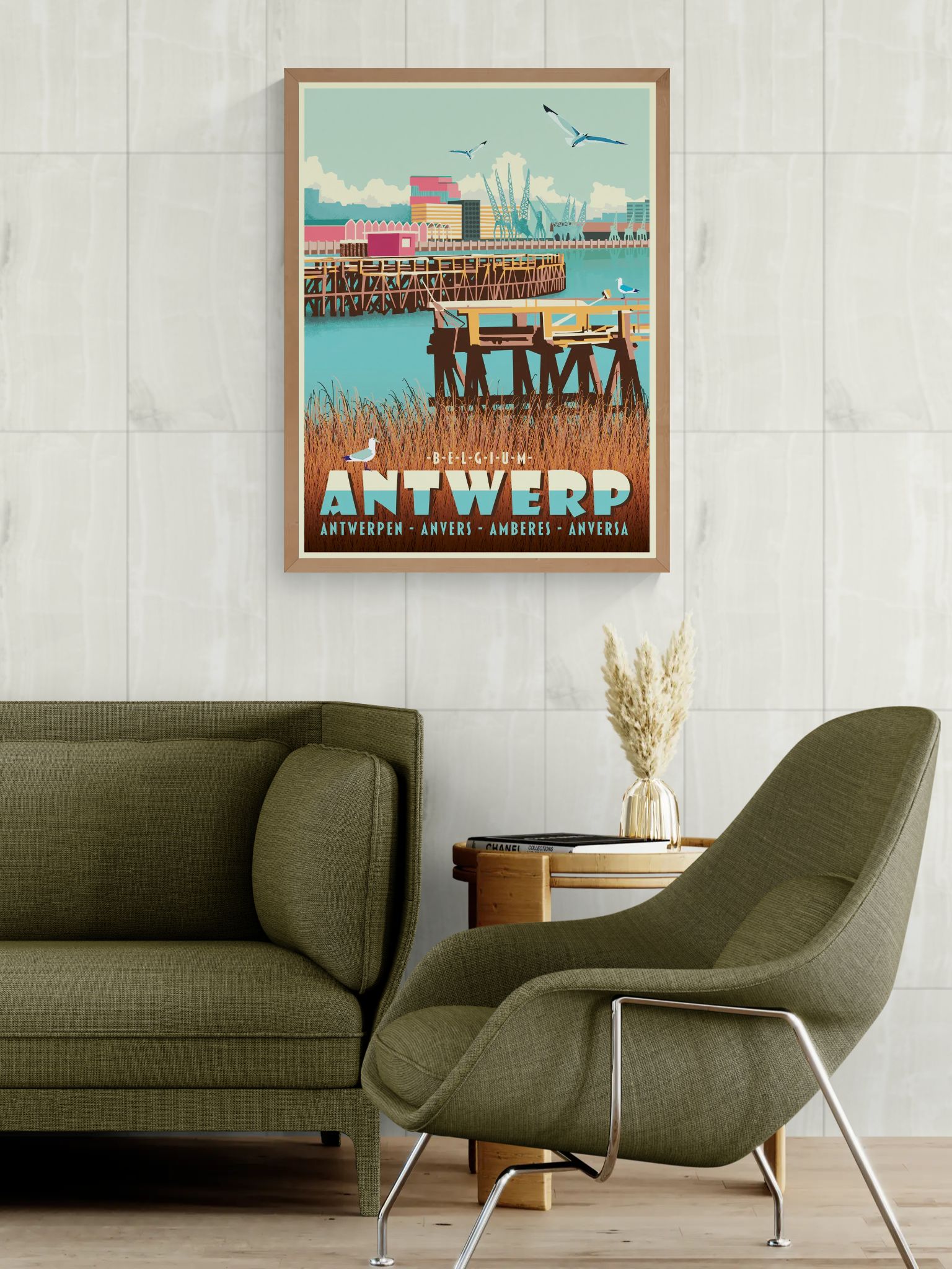 Digital architectural art print of Antwerp Eilandje harbor, featuring docks, cranes, water reflections, and seagulls in a retro-inspired style by Belgian illustrator Gert Paenen.
