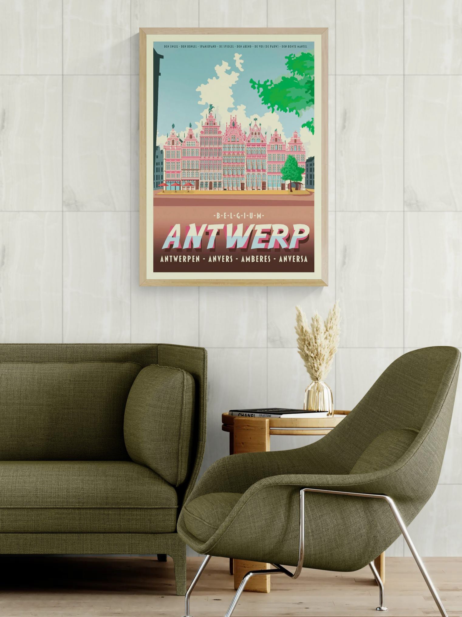 Large architectural digital art print of Antwerp Grote Markt, featuring Renaissance guildhalls, historic façades, and bold graphic colors by Belgian illustrator Gert Paenen.