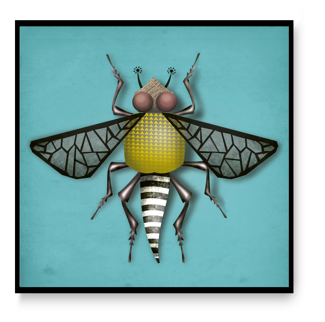 Square art print “Brigitte Bug” by Studio Frits, colorful insect illustration with geometric shapes, modern graphic wall art for contemporary home decor.