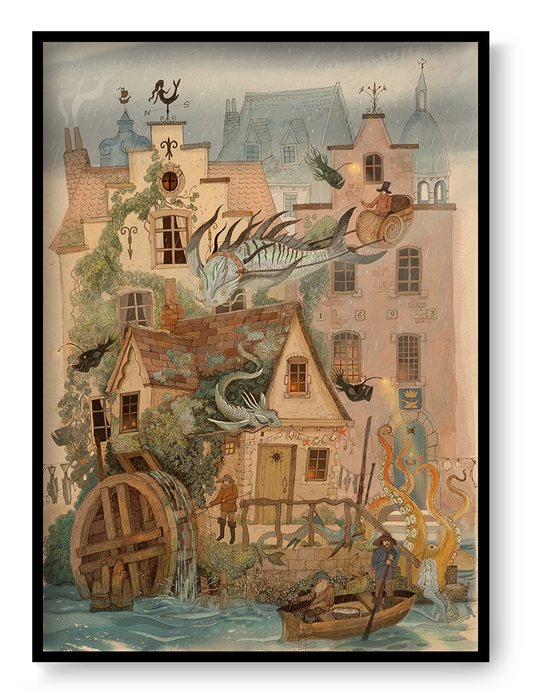 Fantasy-style illustration of Bruges by Lena Yampolski with magical creatures, dragons, octopus tentacles and charming Belgian houses – high-quality Giclée print available in A4 and A3, perfect wall decor for folklore and fantasy art lovers.