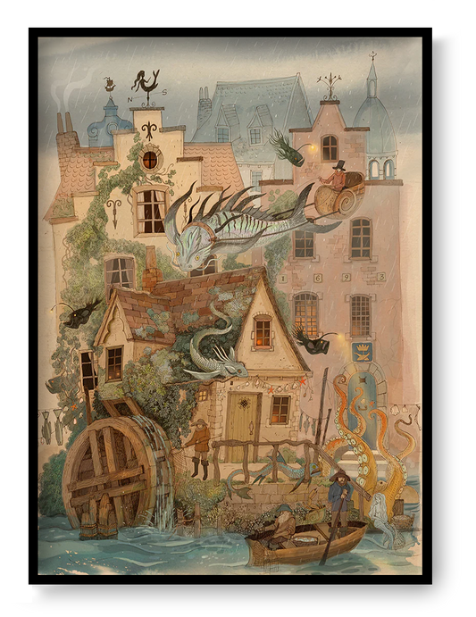 Fantasy-style illustration of Bruges by Lena Yampolski with magical creatures, dragons, octopus tentacles and charming Belgian houses – high-quality Giclée print available in A4 and A3, perfect wall decor for folklore and fantasy art lovers.