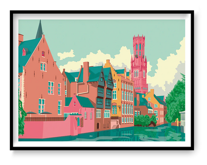 Bruges Rozenhoedkaai art print by Studio Frits – colorful modern illustration of historic buildings and canal in Bruges, Belgium, featuring vibrant architecture and the iconic Belfry tower, perfect for travel lovers and European cityscape wall decor, available at Galerie Frits