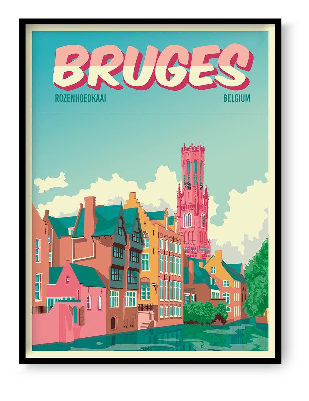 Bruges Rozenhoedkaai poster by Studio Frits showing iconic canal houses and Belfry tower in Bruges Belgium, colorful travel wall art for home or office decor