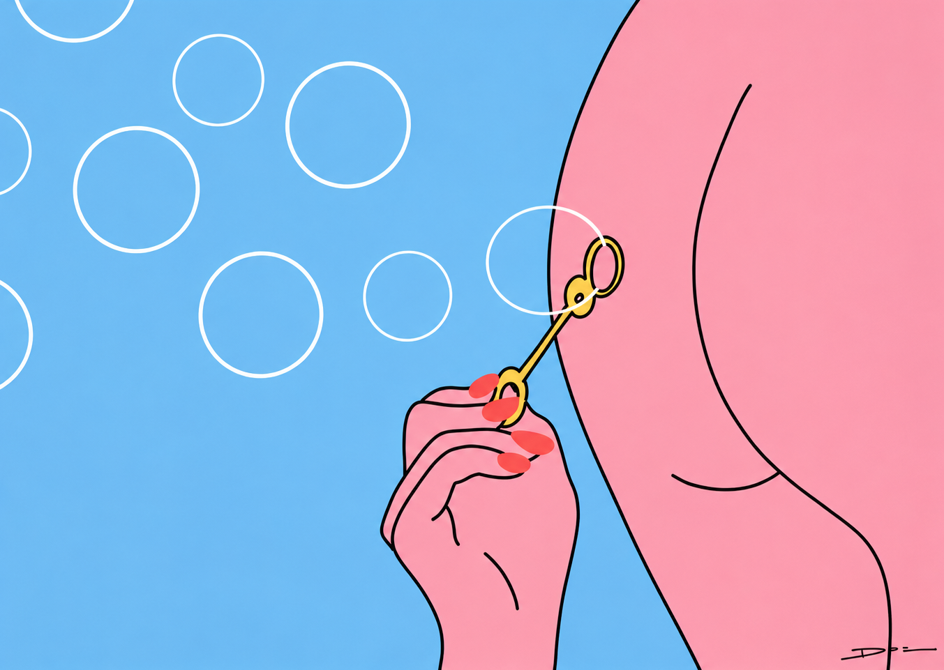 Minimalist digital art print showing a person blowing soap bubbles through a bubble wand held between the buttocks, featuring soft pink tones, blue background, clean black lines, and playful contemporary illustration for modern wall decor.