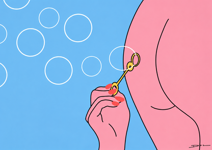 Minimalist digital art print showing a person blowing soap bubbles through a bubble wand held between the buttocks, featuring soft pink tones, blue background, clean black lines, and playful contemporary illustration for modern wall decor.