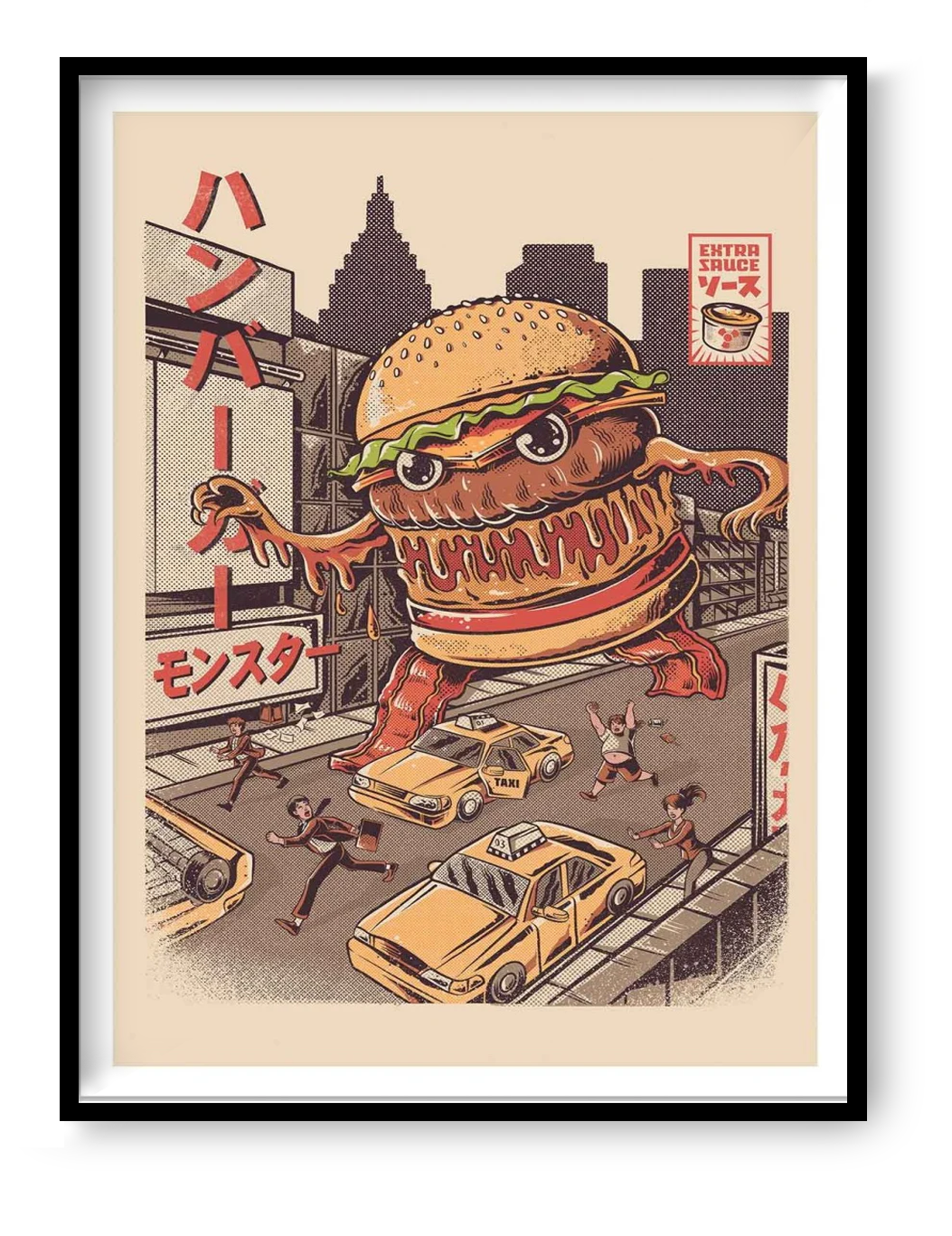 Burgerzilla by Illustrata – 30x40 cm retro pop art print featuring a giant anthropomorphic hamburger Kaiju monster rampaging through a city with taxis and fleeing people. Vintage Japanese poster style, warm retro color palette, FSC-certified eco paper, printed in France, unframed wall art for fans of comics, cult cinema, and quirky illustrations.