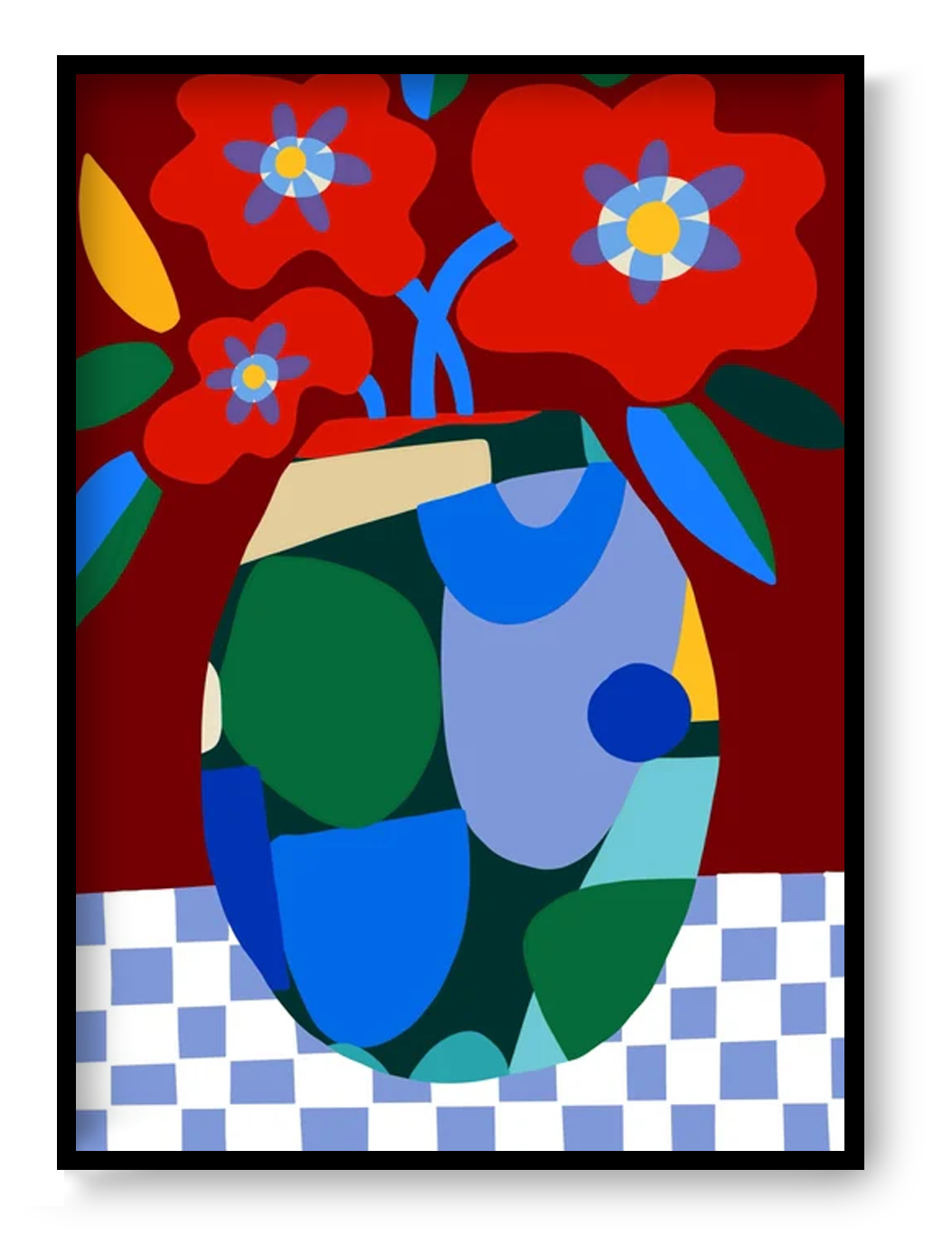 Burgundy on Check by Teresa Rego – colorful abstract floral art print with red flowers in a geometric vase on a checkered tablecloth, bold contemporary design perfect for modern home decor, available at Galerie Frits