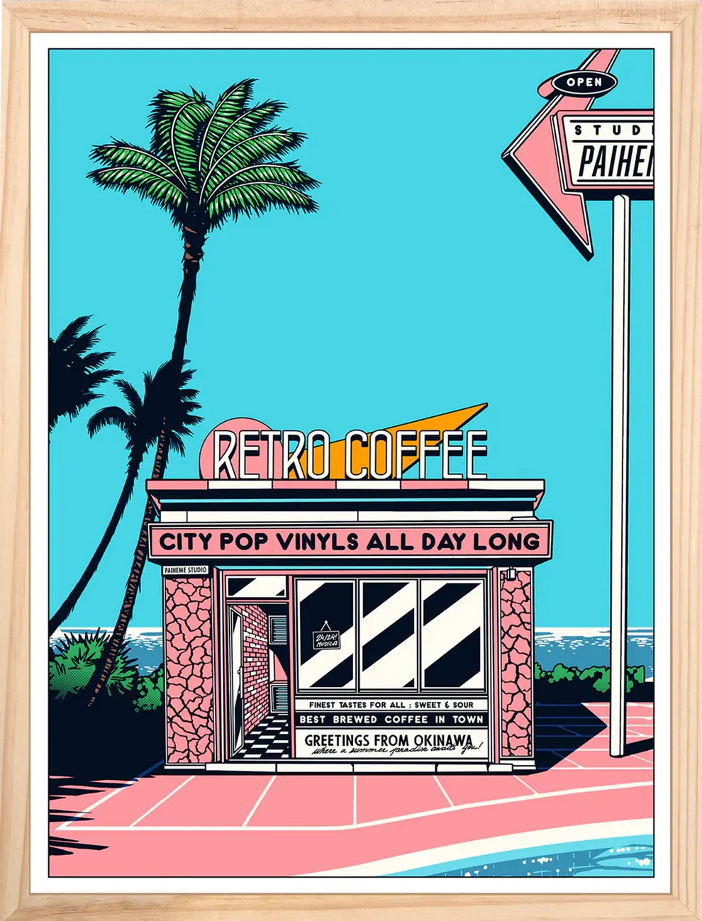 Japanese retro art print by Paiheme Studio featuring a colorful coffee shop inspired by Okinawa, palm trees, neon signs and city pop vinyls – 30x40 cm vibrant wall art made in France.