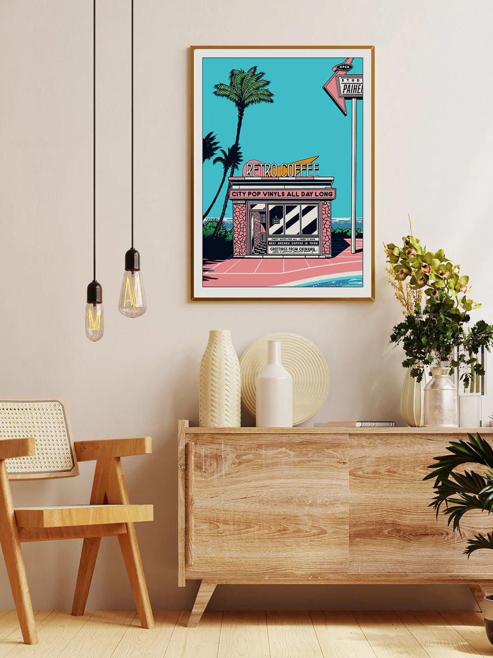 Japanese retro art print by Paiheme Studio featuring a colorful coffee shop inspired by Okinawa, palm trees, neon signs and city pop vinyls – 30x40 cm vibrant wall art made in France.