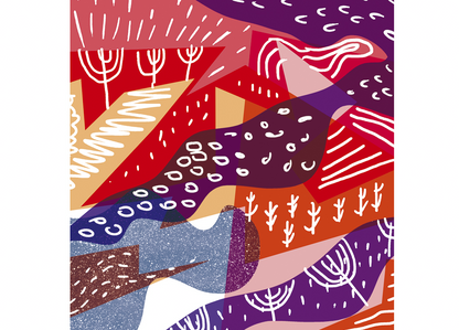 Landscape 1 by Gert Paenen, colorful abstract landscape art print featuring flowing organic shapes, vibrant red, purple, orange, turquoise and green tones, modern graphic illustration for contemporary wall decor, small 13x18 cm art print for home, office and creative interiors.