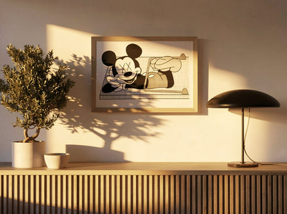 Black and white risograph art print showing a nostalgic cartoon mouse caught in a mousetrap, combining pop culture, dark humor, and minimalist graphic illustration. Landscape-format wall art for modern interiors.