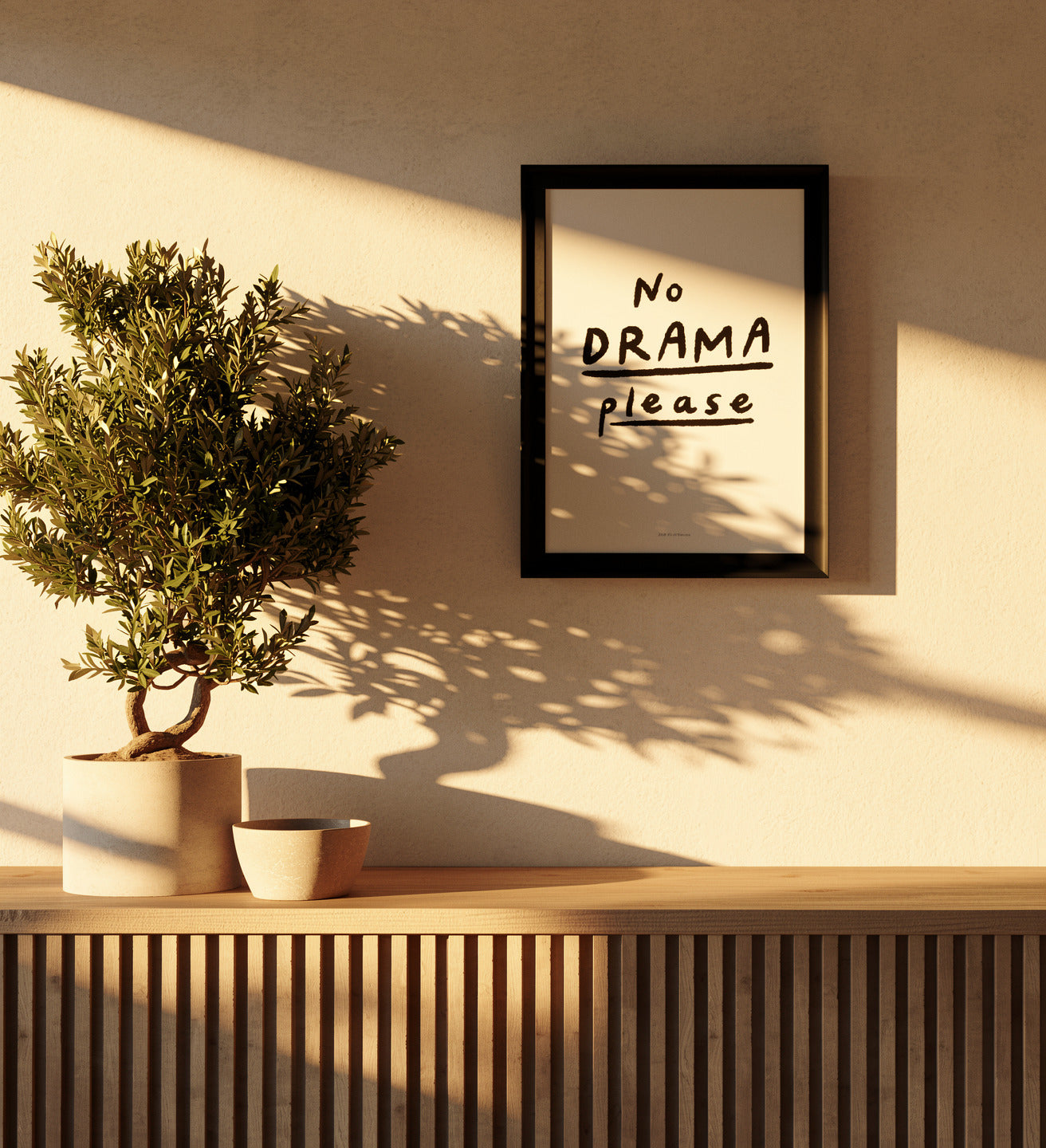Minimalist black and white typography print reading "No drama please" in bold handwritten style – art print by Just Cool Design, A4 size, perfect for modern and playful home decor.