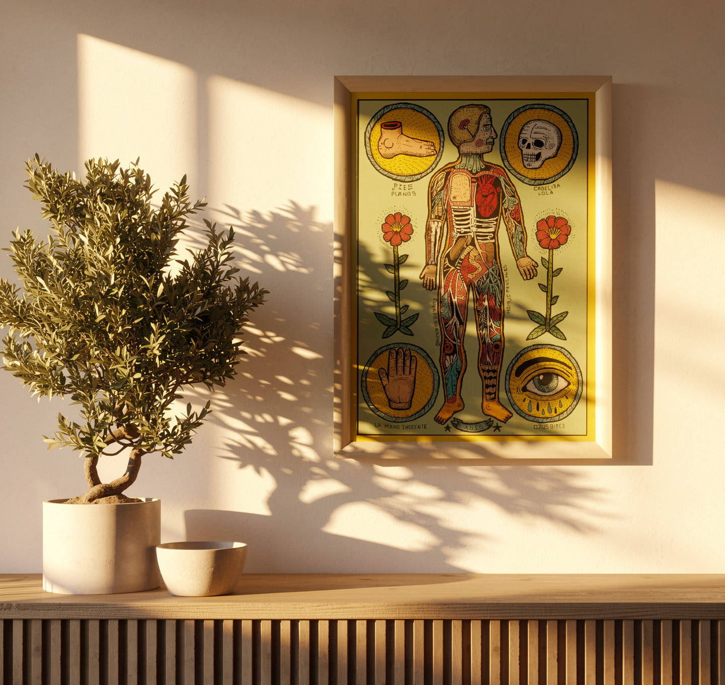 Anatomía de un cuerpo sesi by Asis Percales – A3 surreal anatomical art print inspired by tattoo culture, circus and comic aesthetics, colorful Spanish contemporary illustration, eclectic and bold wall decor.