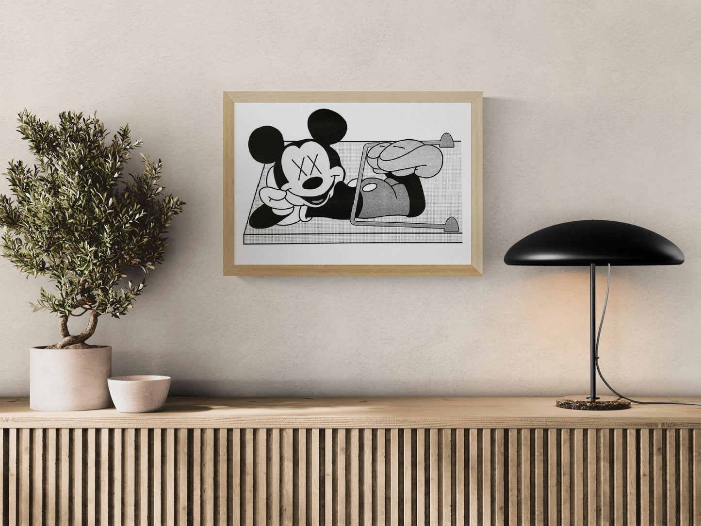 Black and white risograph art print showing a nostalgic cartoon mouse caught in a mousetrap, combining pop culture, dark humor, and minimalist graphic illustration. Landscape-format wall art for modern interiors.