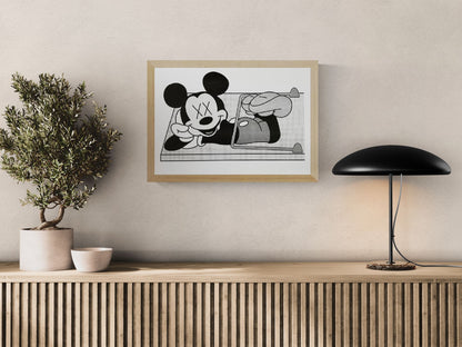 Black and white risograph art print showing a nostalgic cartoon mouse caught in a mousetrap, combining pop culture, dark humor, and minimalist graphic illustration. Landscape-format wall art for modern interiors.