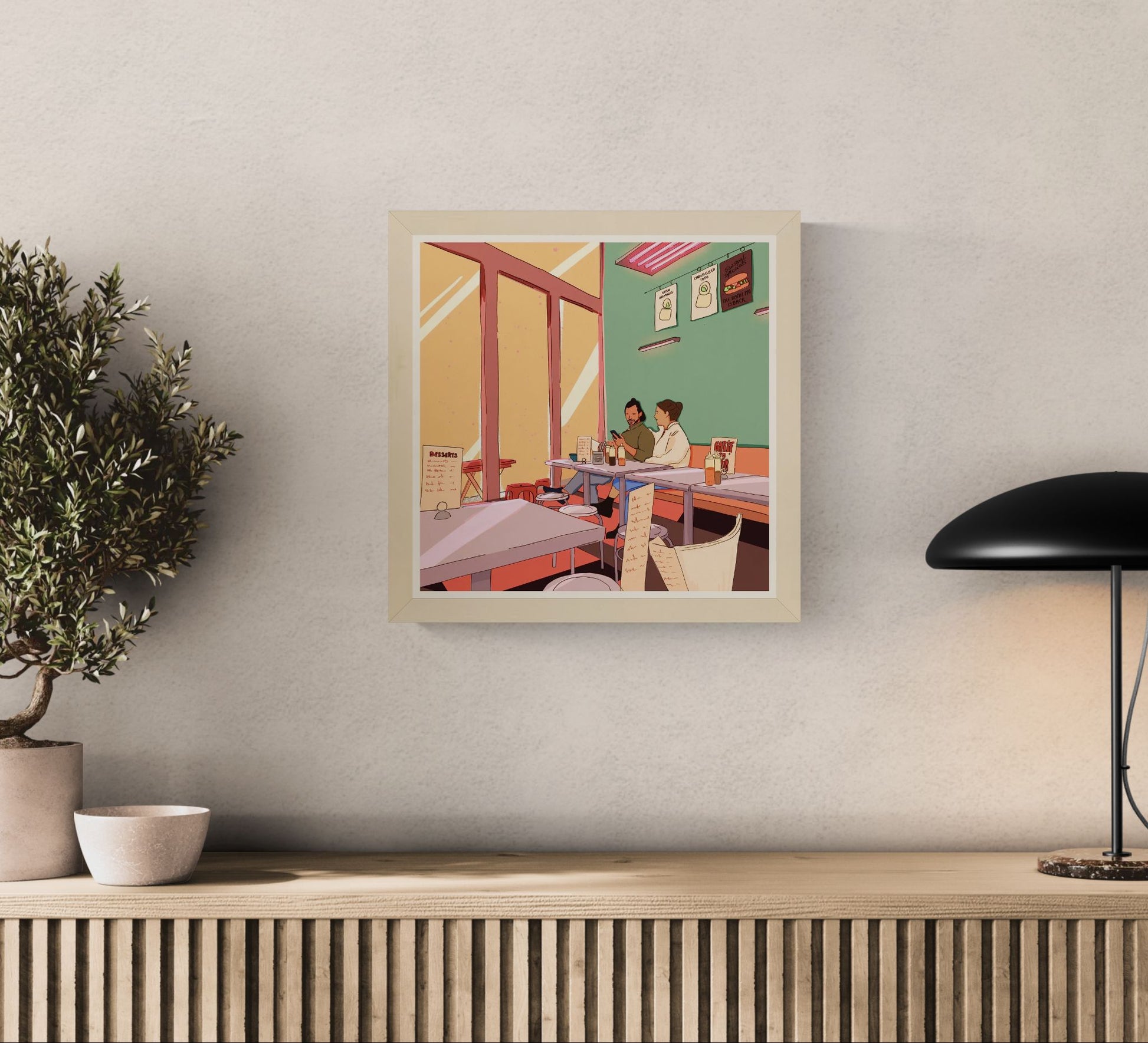 couple eating noodles in cozy restaurant interior illustration modern food lifestyle wall art kitchen dining room decor print