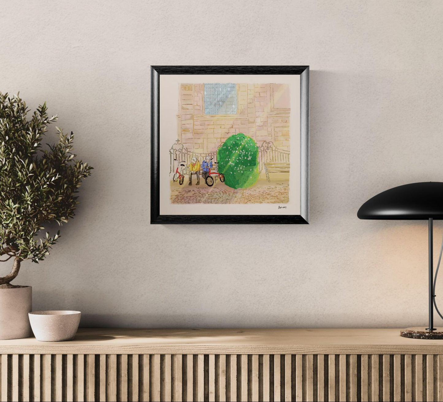 Whimsical cityscape art print of Hendrik Conscienceplein by Valeria Maggiani – charming square scene in Antwerp with two elderly figures and bicycles, printed in warm tones on 29x29 cm fine art paper.
