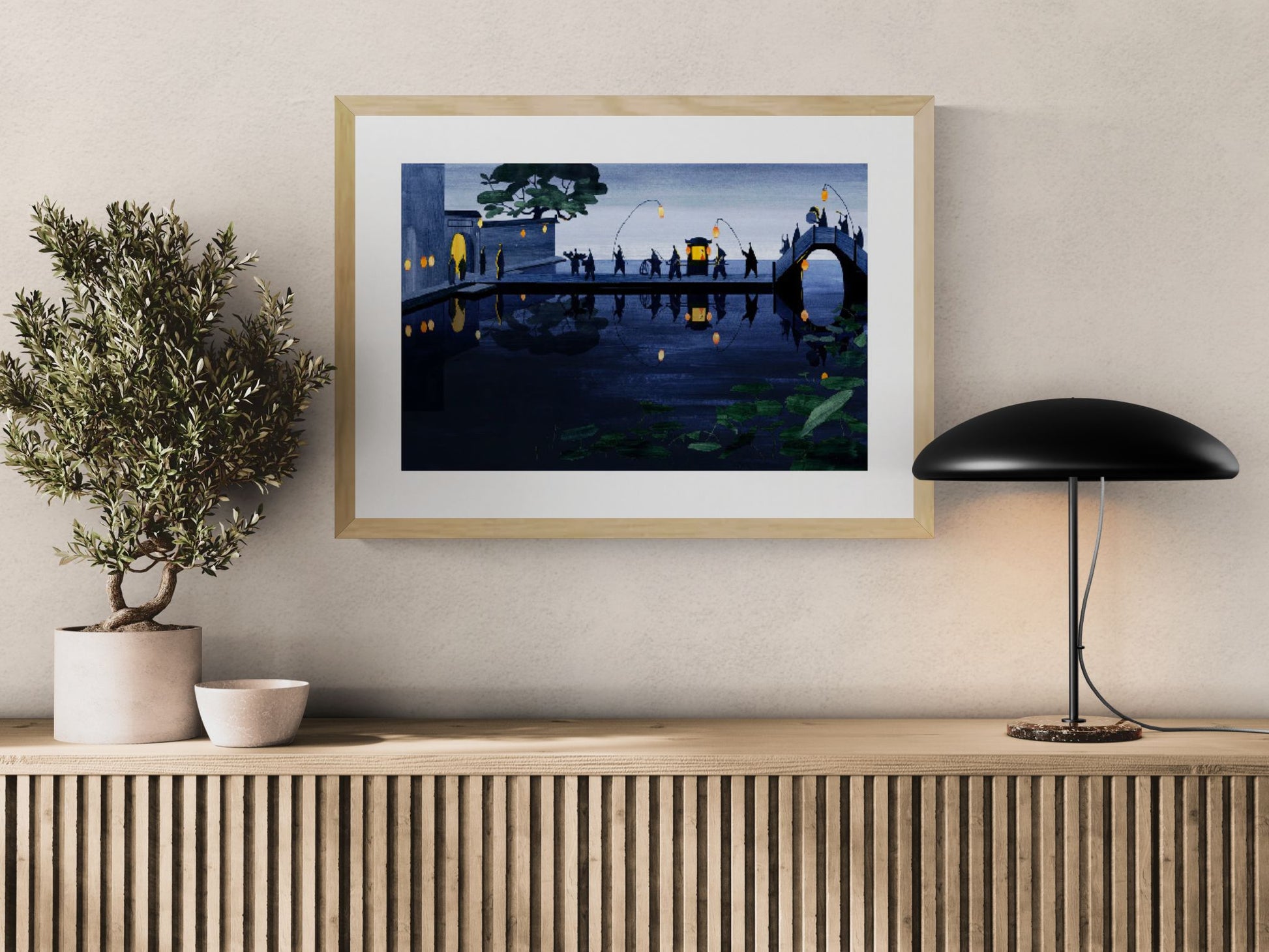 Wilde Zwanen - avond by Rosalien Helsen, an A2 landscape digital art print featuring a traditional Chinese wedding at night with glowing lanterns, calm reflections, acrylic painting and digital collage, perfect for elegant home decor.