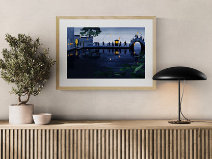 Wilde Zwanen - avond by Rosalien Helsen, an A2 landscape digital art print featuring a traditional Chinese wedding at night with glowing lanterns, calm reflections, acrylic painting and digital collage, perfect for elegant home decor.