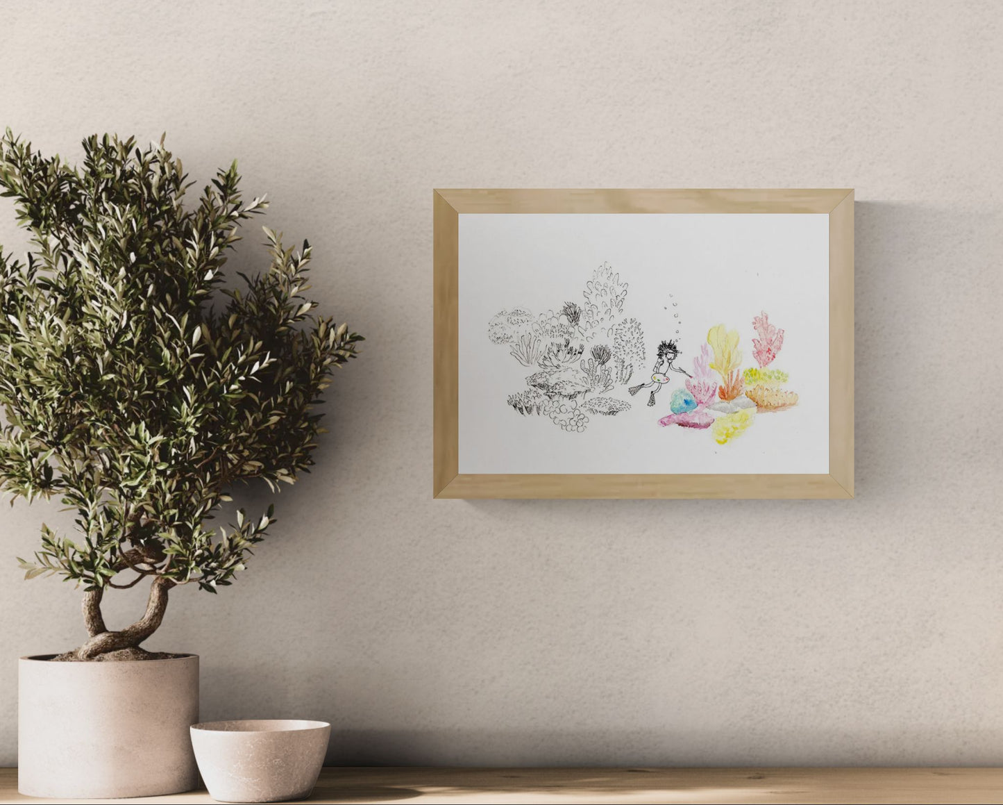 Art print of a diver exploring colourful corals by Willy Leung, minimalist illustration with fine black linework and soft pastel watercolours, Giclée print on premium paper, signed, 21 x 29.7 cm.