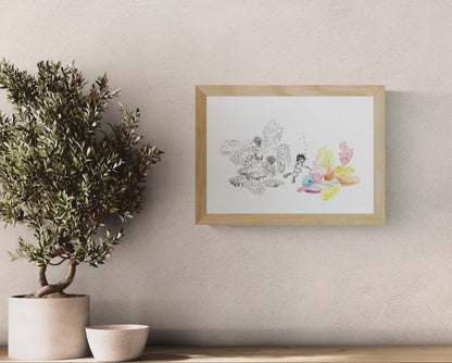 Art print of a diver exploring colourful corals by Willy Leung, minimalist illustration with fine black linework and soft pastel watercolours, Giclée print on premium paper, signed, 21 x 29.7 cm.