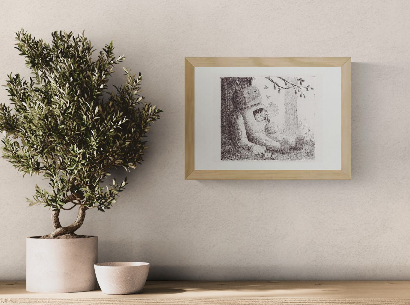 Black and white pencil illustration by Willy Leung showing a large sleeping robot leaning against a tree while a small child rests safely inside its open chest cavity in a peaceful forest setting, printed as an A4 giclée art print.