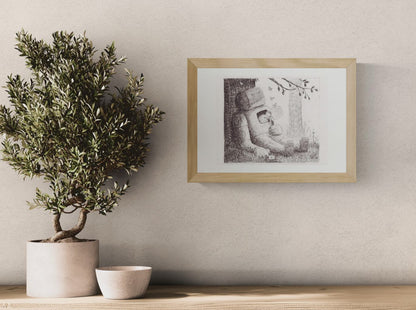 Black and white pencil illustration by Willy Leung showing a large sleeping robot leaning against a tree while a small child rests safely inside its open chest cavity in a peaceful forest setting, printed as an A4 giclée art print.