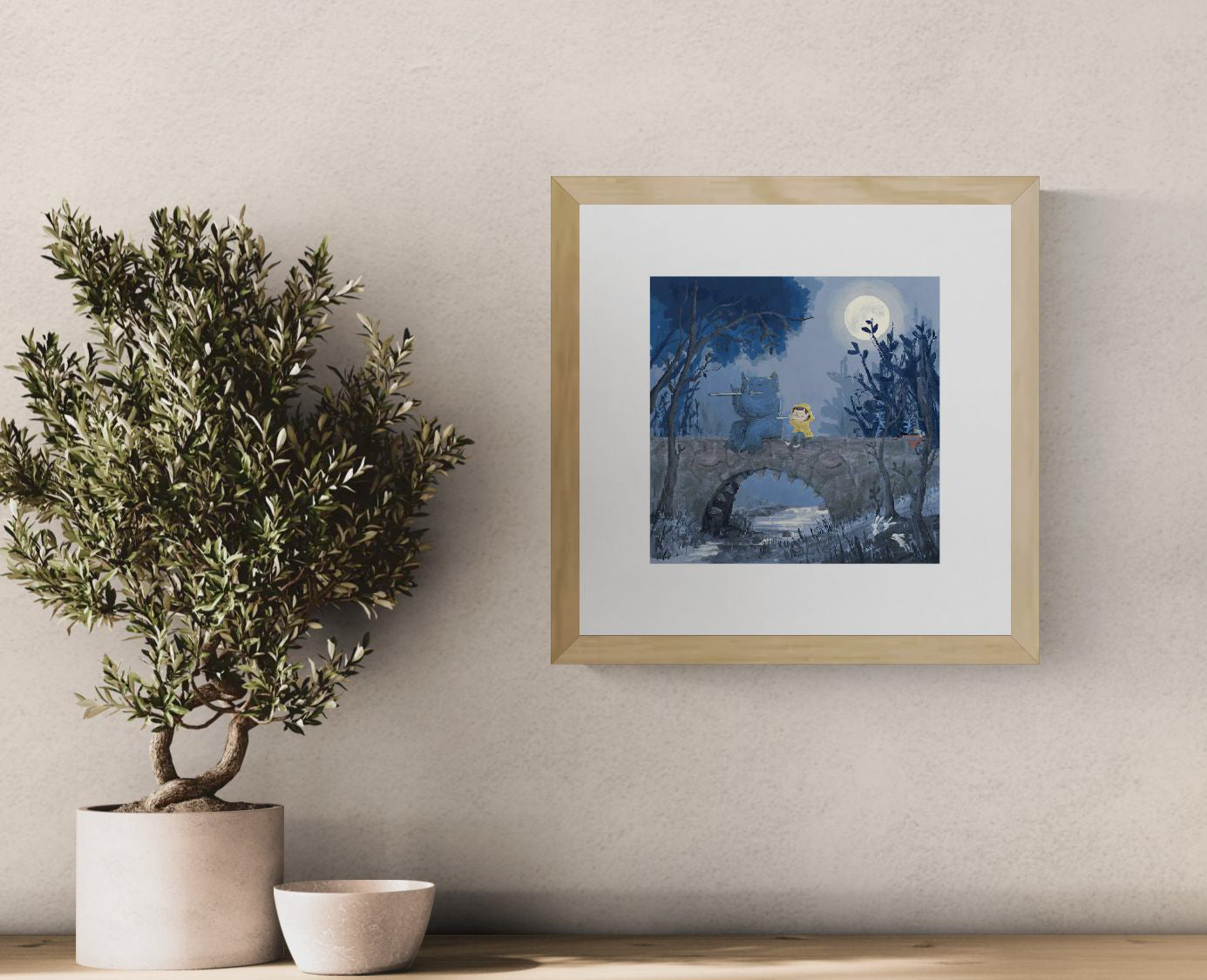 Dreamy giclée art print “Between the River and the Moon” by Willy Leung, 30x30 cm square wall art with soft colors and magical night atmosphere, contemporary illustration for modern home decor.