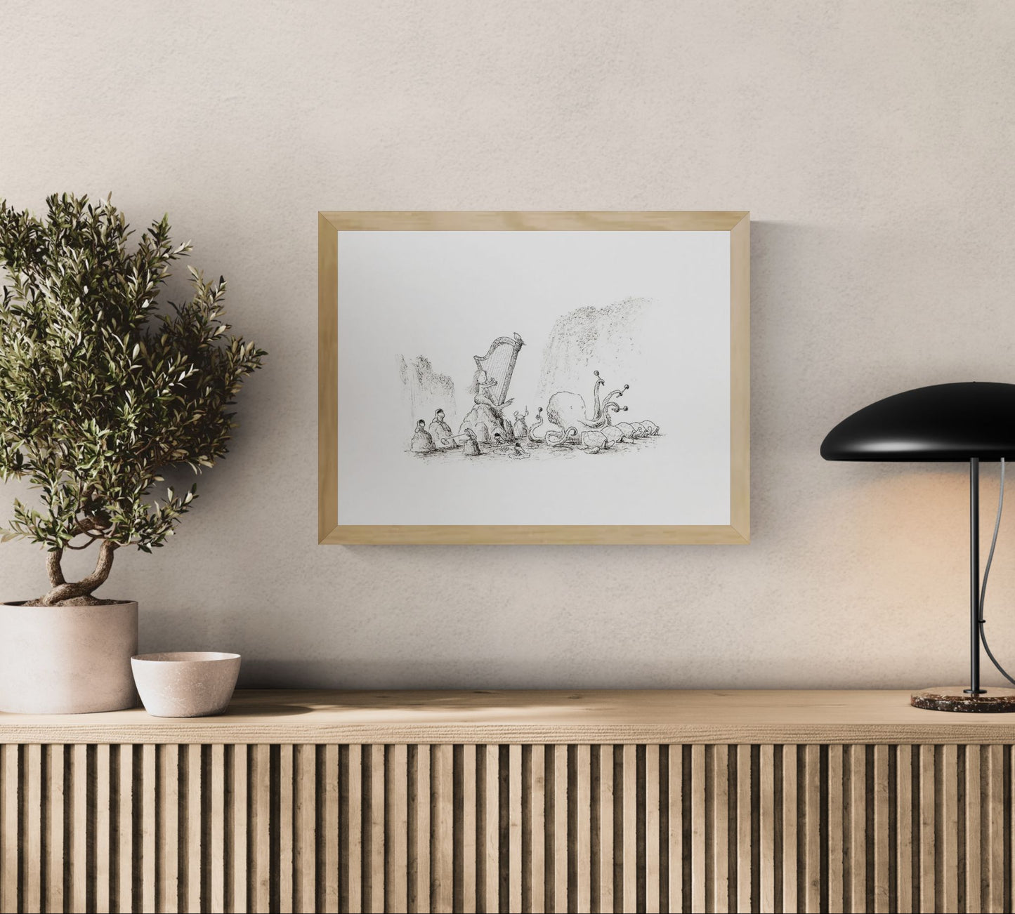 Surreal black-and-white illustration of a harp surrounded by whimsical animals and mythical sea creatures, printed as an A4 giclée on Hahnemühle Photo Rag paper. A horizontal fine art print for peaceful, imaginative home decor.