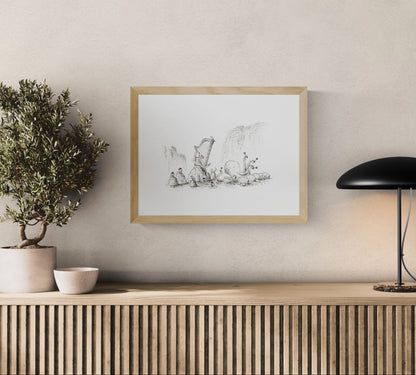 Surreal black-and-white illustration of a harp surrounded by whimsical animals and mythical sea creatures, printed as an A4 giclée on Hahnemühle Photo Rag paper. A horizontal fine art print for peaceful, imaginative home decor.