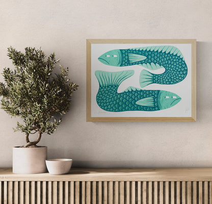 Gill Behaviour by Strangford, horizontal risograph print featuring two stylised teal and dark blue fish with patterned scales, playful expressions and bold graphic shapes for colourful wall decor.