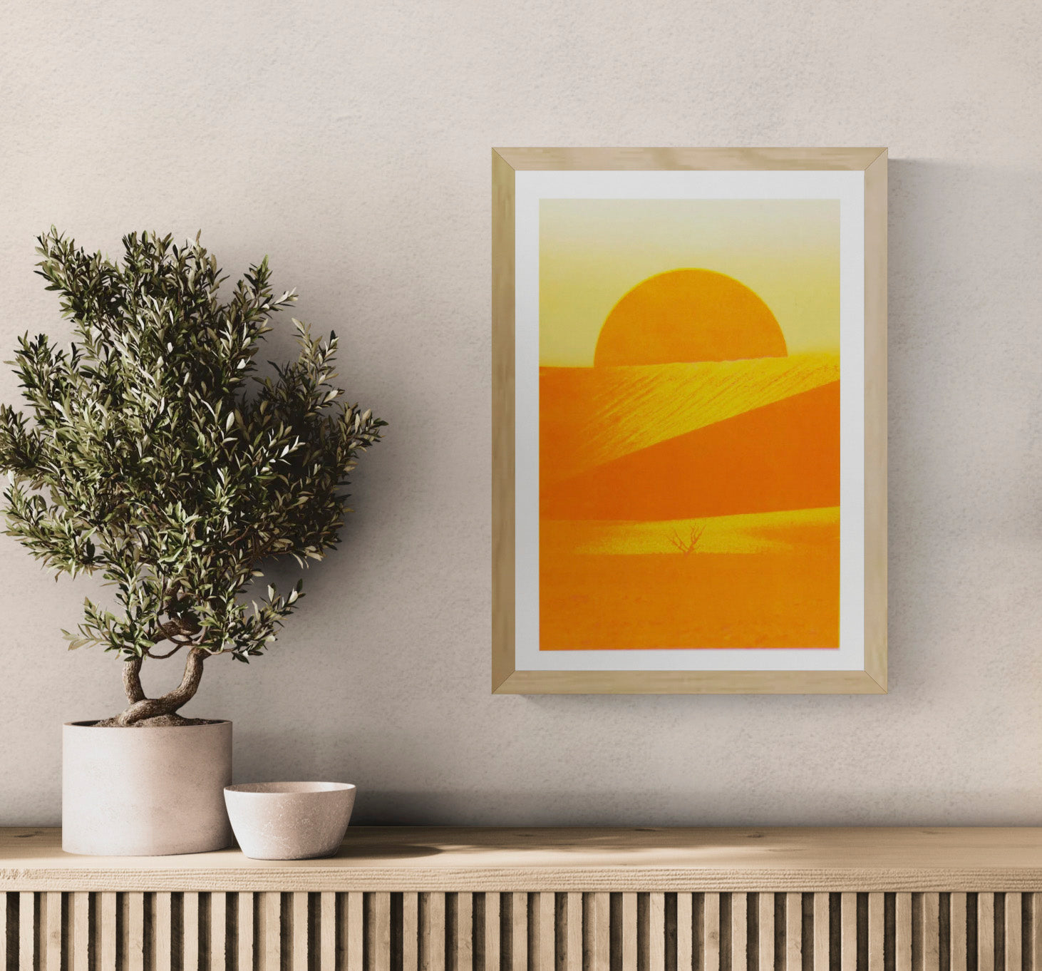 Risograph art print ‘Sossusvlei’ by PTRVRKD, featuring a bright orange desert landscape with a rising sun, minimal dunes, and a solitary dry tree, printed on Munken Pure Rough paper in A3 size. Limited-edition modern landscape artwork inspired by the Namib Desert.