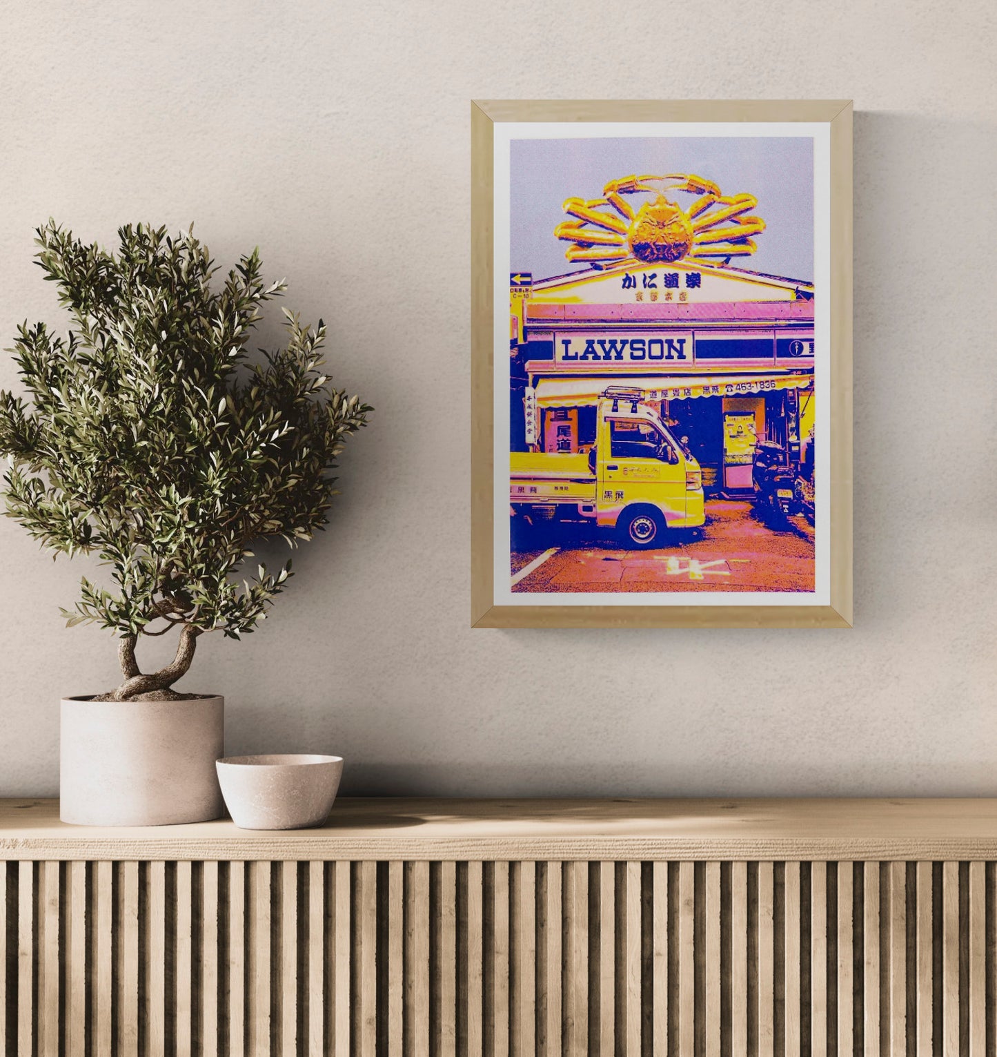 Neon Japanese risograph art print of a crab storefront and yellow delivery truck by PTRVRKD, A3 size, printed on Munken Pure Rough paper, vibrant modern Japan street scene illustration for home and office wall decor.