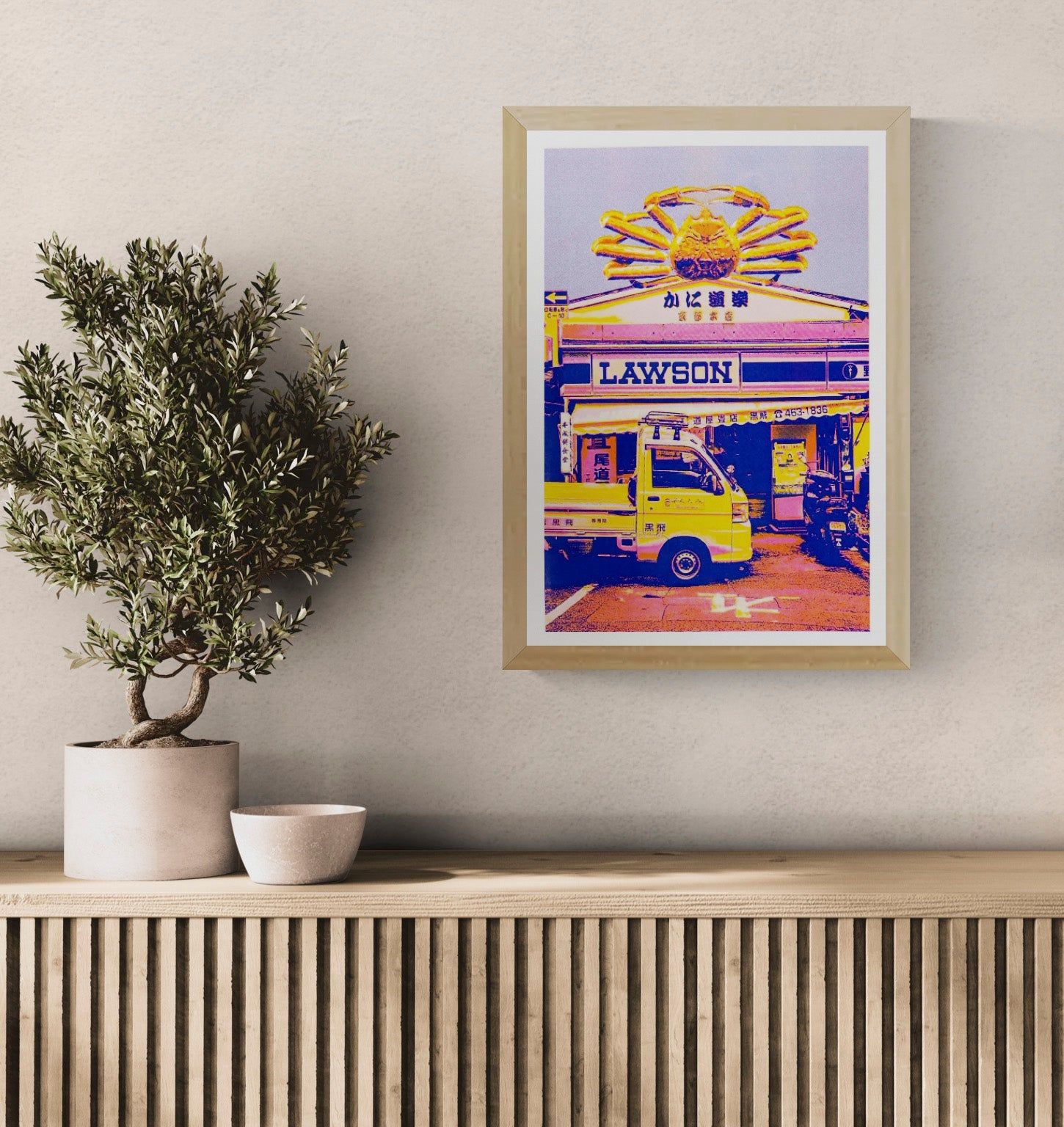 Neon Japanese risograph art print of a crab storefront and yellow delivery truck by PTRVRKD, A3 size, printed on Munken Pure Rough paper, vibrant modern Japan street scene illustration for home and office wall decor.