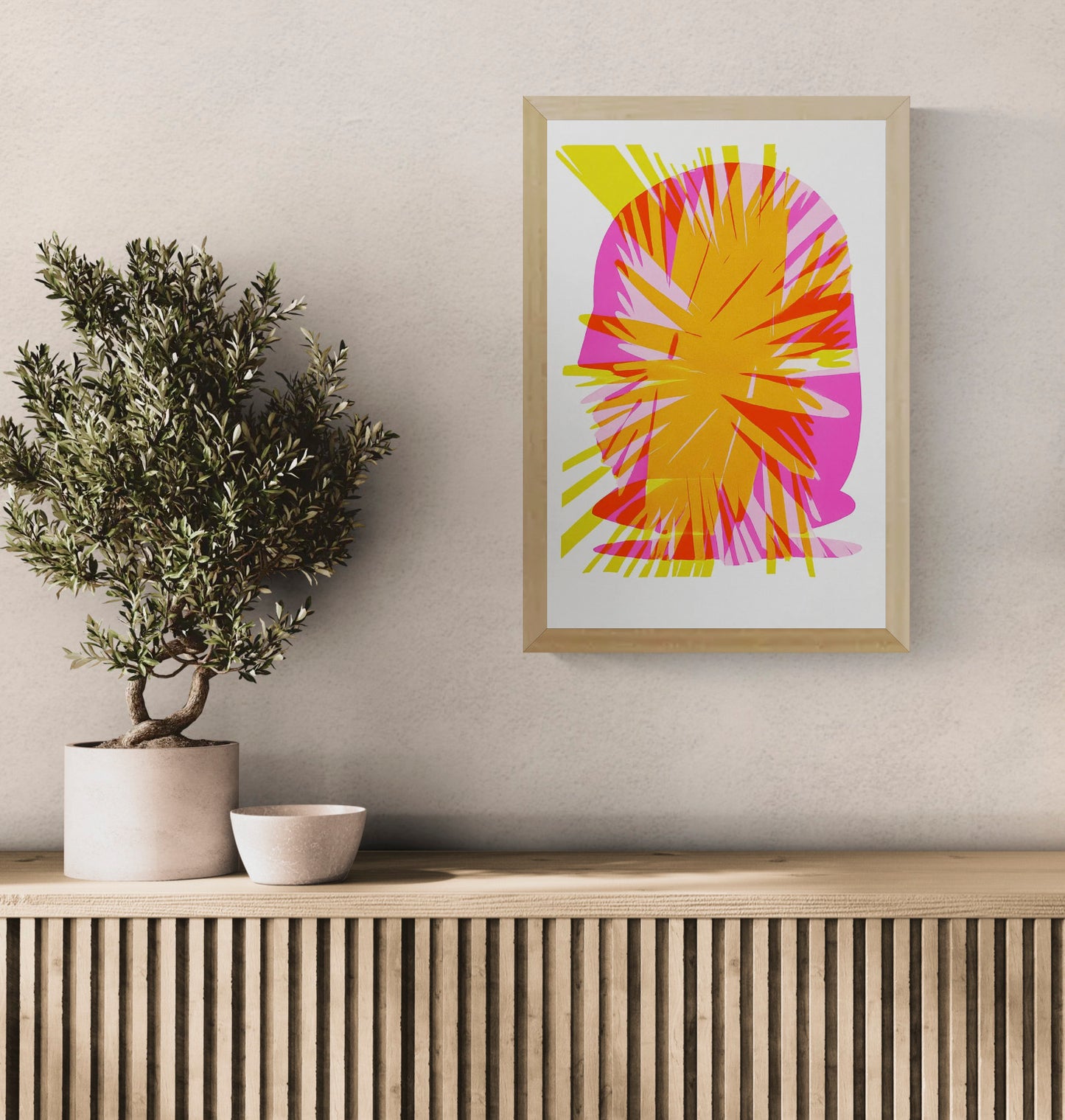 Abstract A3 risograph art print by PTRVRKD featuring vibrant layers of orange, pink, and yellow with bold, graphic explosion design – limited edition, handprinted in the Netherlands