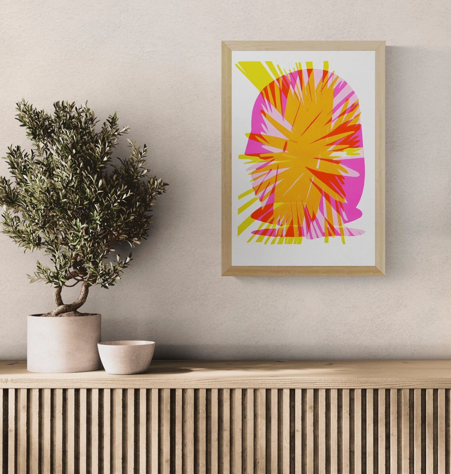Abstract A3 risograph art print by PTRVRKD featuring vibrant layers of orange, pink, and yellow with bold, graphic explosion design – limited edition, handprinted in the Netherlands
