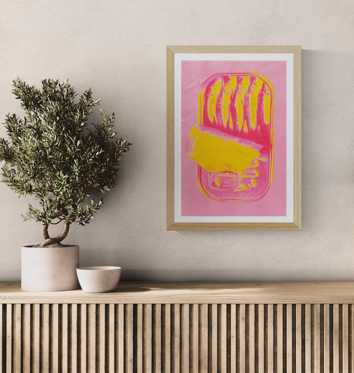 Neon pink and yellow sardines can risograph print by PTRVRKD, pop art wall print available in A4 and A3, modern graphic illustration from Galerie Frits