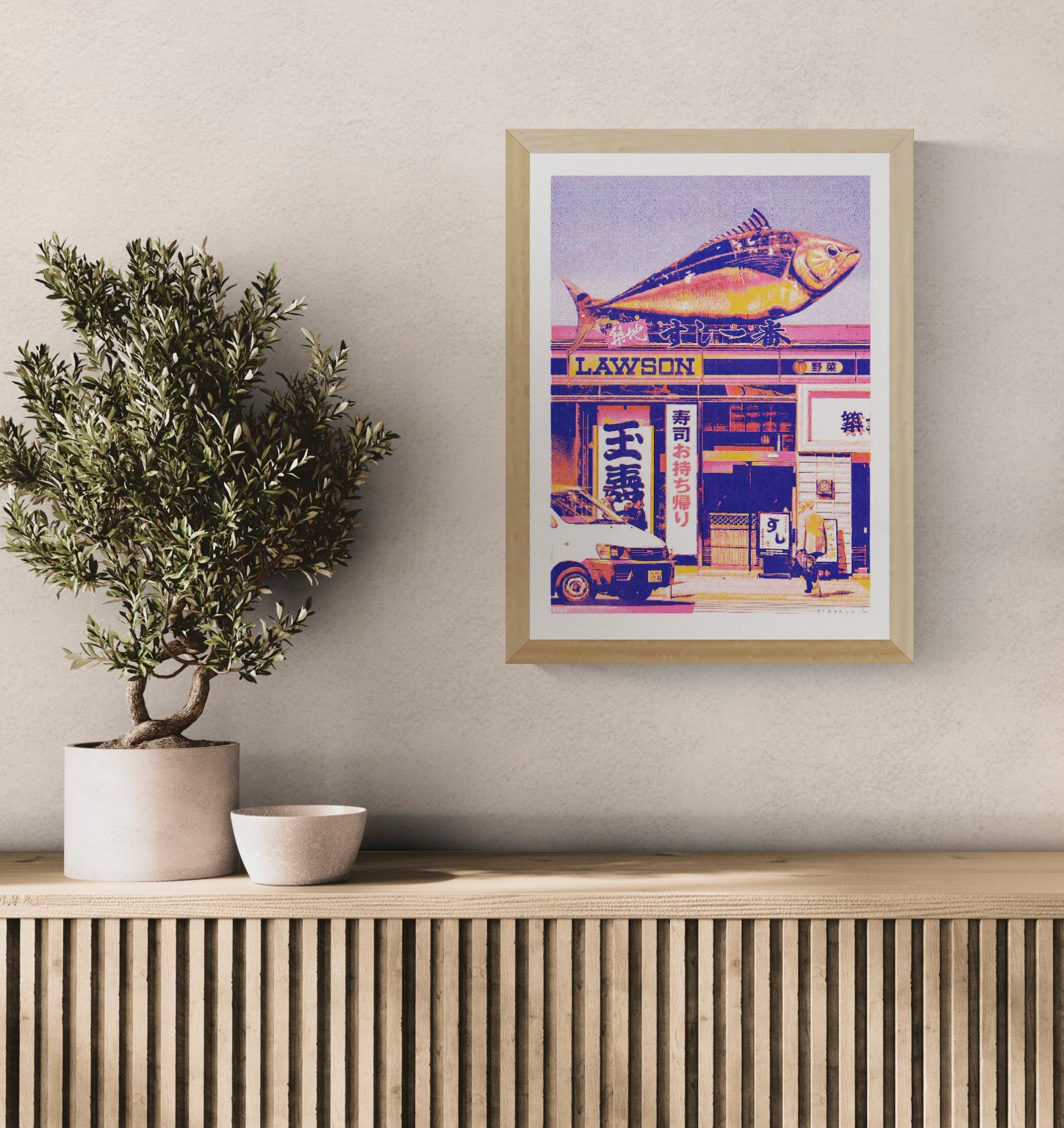 Japanese Lawson store risograph print by PTRVRKD, neon Tokyo street collage, Japanese pop art wall print, Galerie Frits