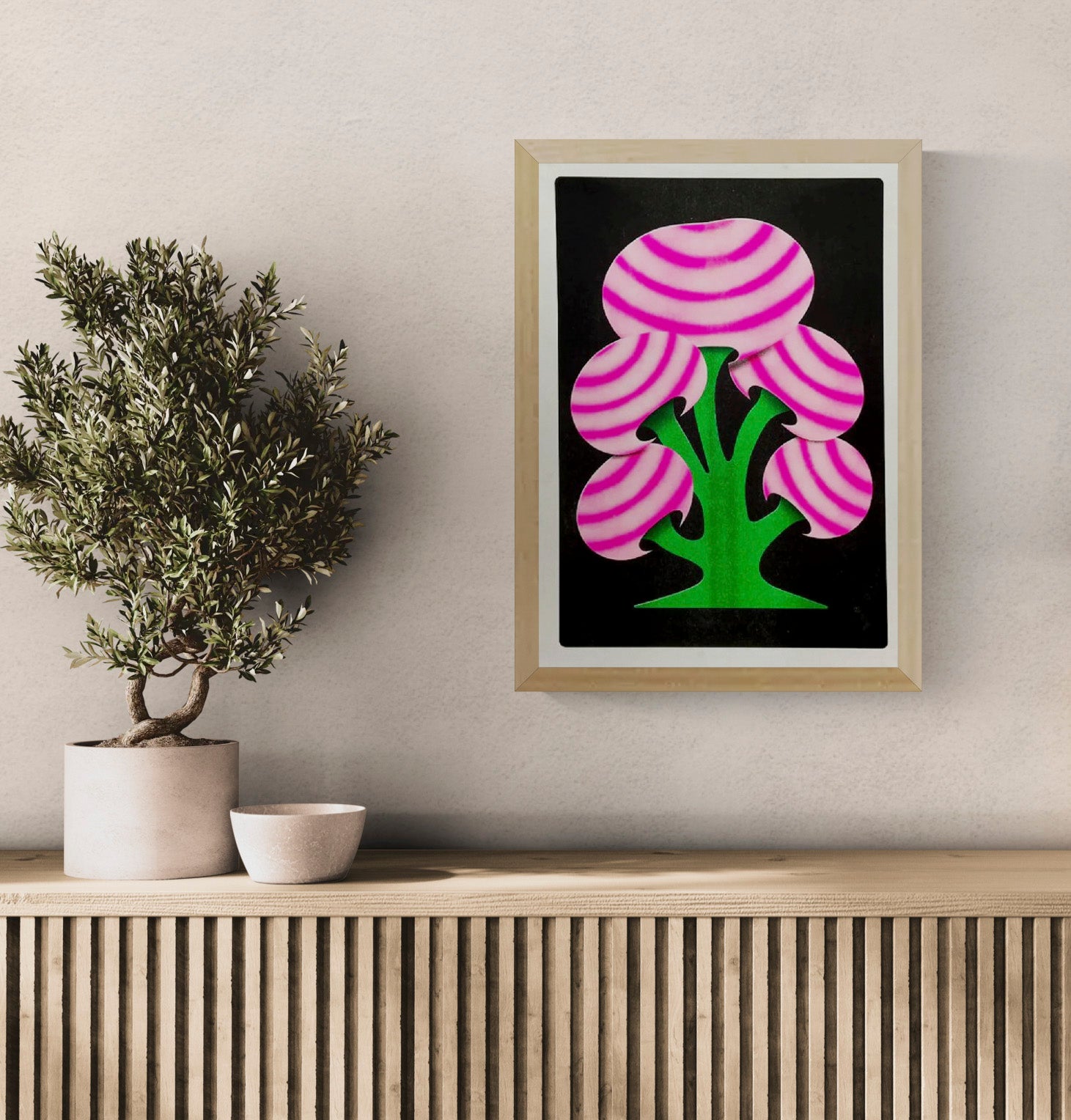 Limited A3 Mushroom risograph art print by PTRVRKD with neon pink mushroom shapes and green forms on a black background, signed and numbered edition of 6.