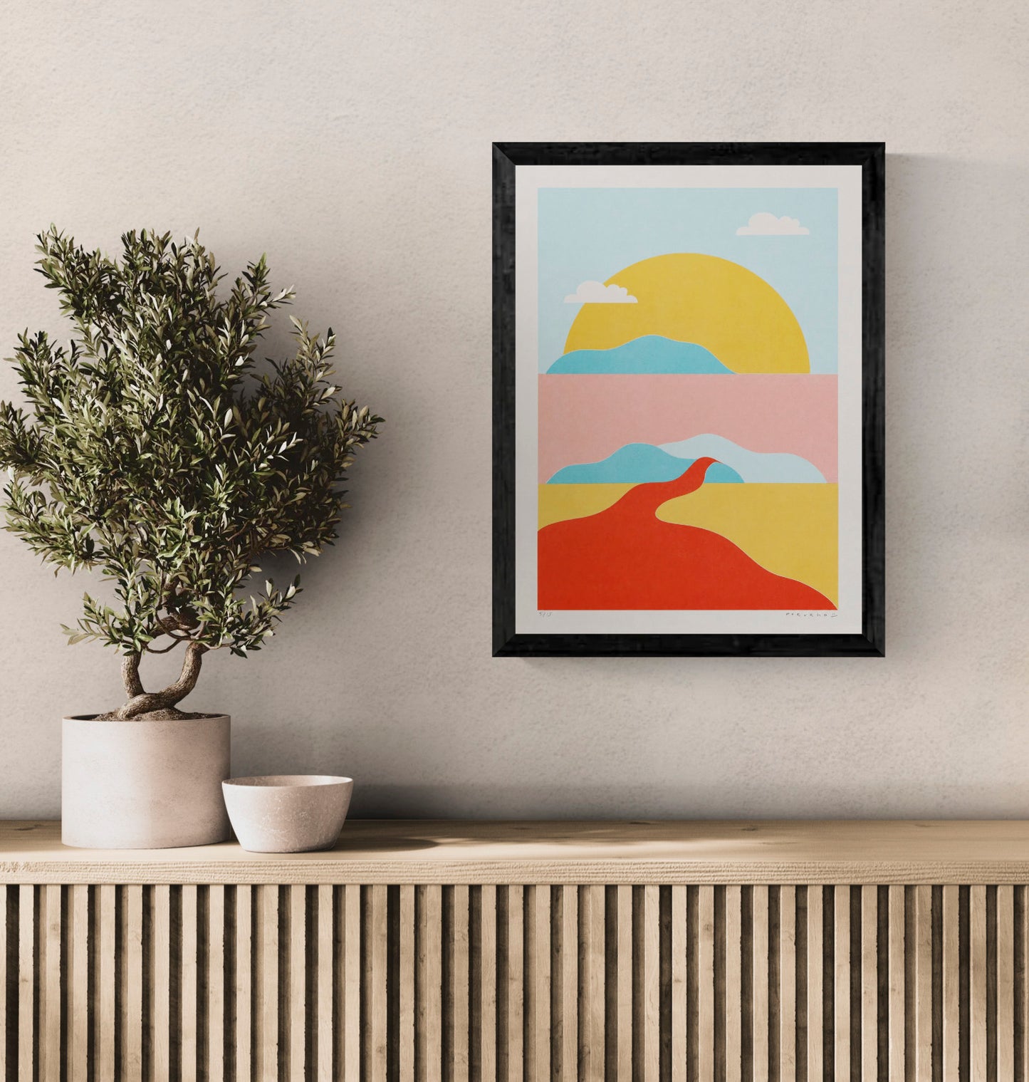 River Landscape Pastel limited A3 risograph art print by PTRVRKD featuring abstract hills, sun, and flowing river shapes in soft pastel colors, signed and numbered edition.